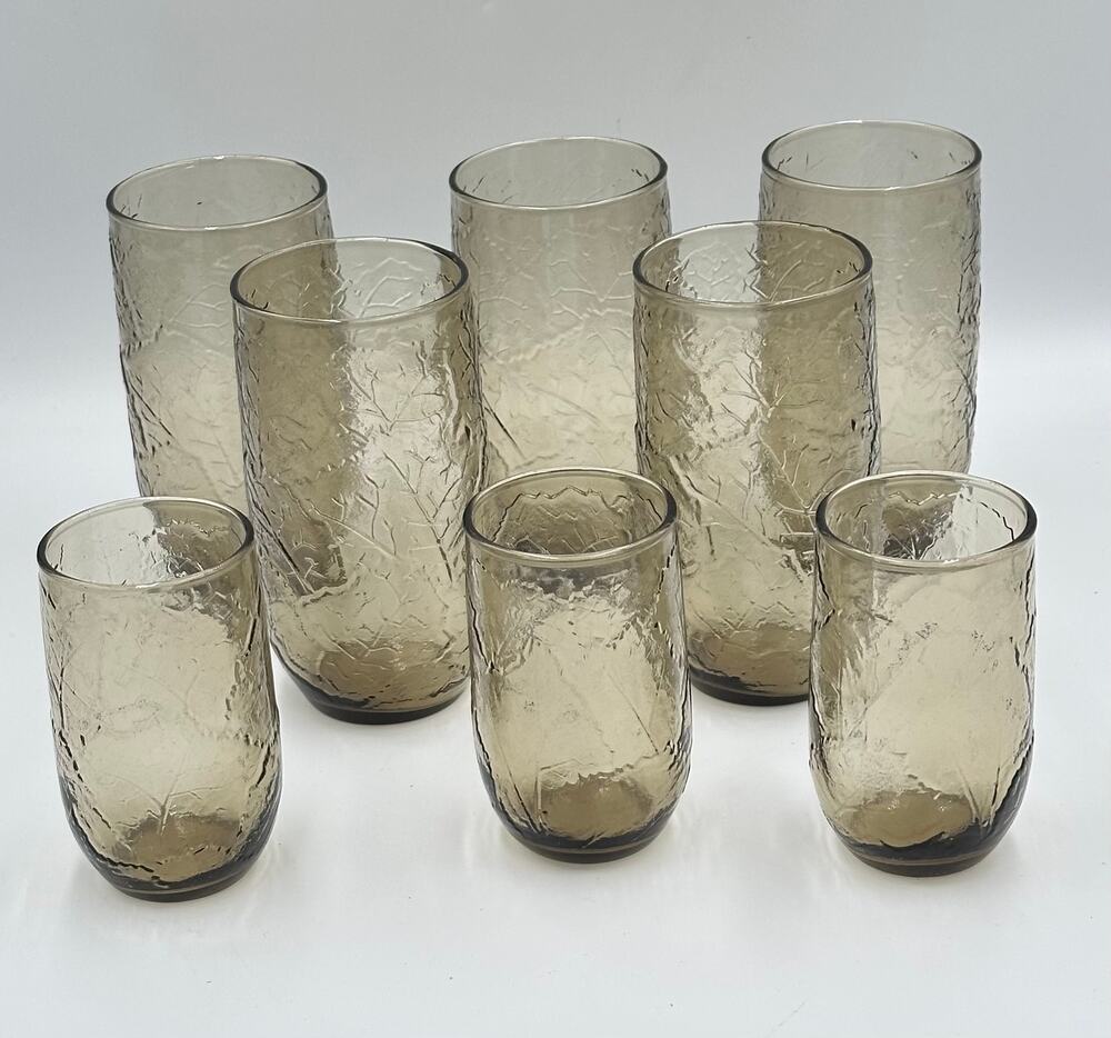 Anchor Hocking Vintage Brown Sherwood Crinkle Juice & Water Drinking Glasses 8pc